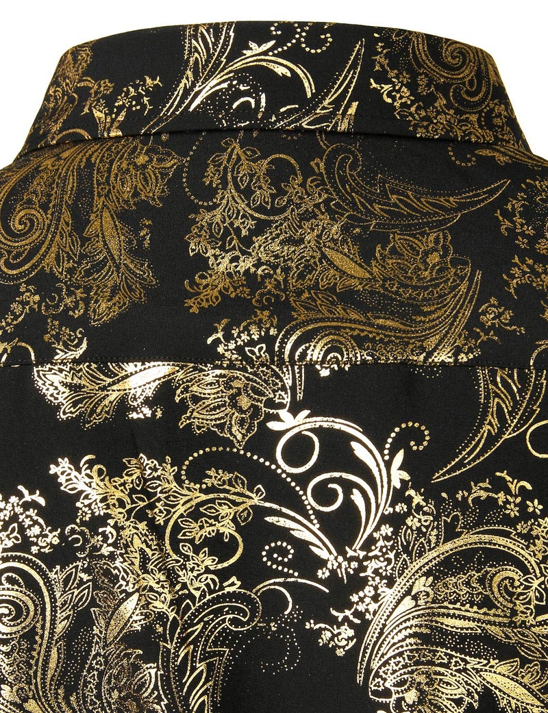 ZEROYAA Men's Luxury Paisley Shiny Stylish Slim Fit Short Sleeve Button Up Dress Shirt ZLCL23 Black Gold Medium - Image 5
